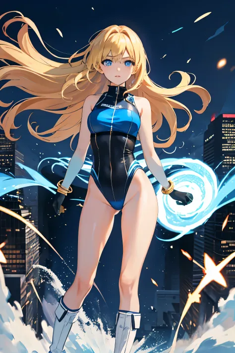 masterpiece, best quality, highres, 1girl, solo, superhero, leotard, bare legs, boots, matching boots, aura, blue aura, sleeveless, gloves, bracelets, matching gloves, looking at viewer, light particles, city backdrop, perfect hands, perfect eyes, powering...