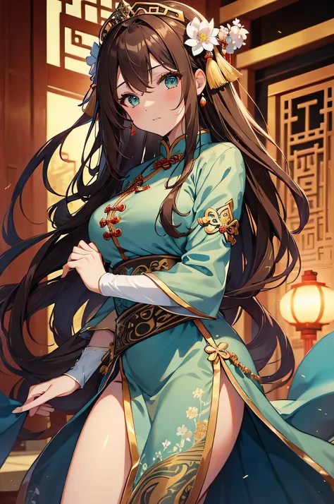 4K,High resolution,one woman,brown hair,long hair,green eyes,big breasts,ancient chinese bard,light blue fantasy cheongsam,removed sleeve,princess tiara,Jewelry Decoration,Ancient Chinese Villages