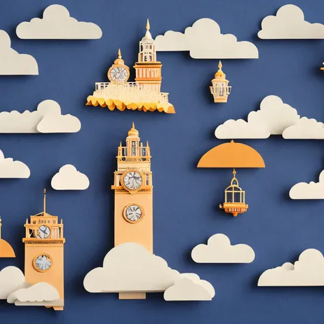 kuusoogai, papercut, a city in the clouds with a clock tower, flying machine, dull colors, (masterpiece, top quality, best quali...