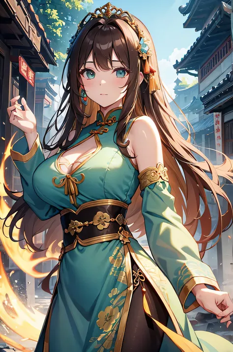 4K,High resolution,one woman,brown hair,long hair,green eyes,big breasts,ancient chinese bard,light blue fantasy cheongsam,removed sleeve,princess tiara,Jewelry Decoration,Ancient Chinese Villages