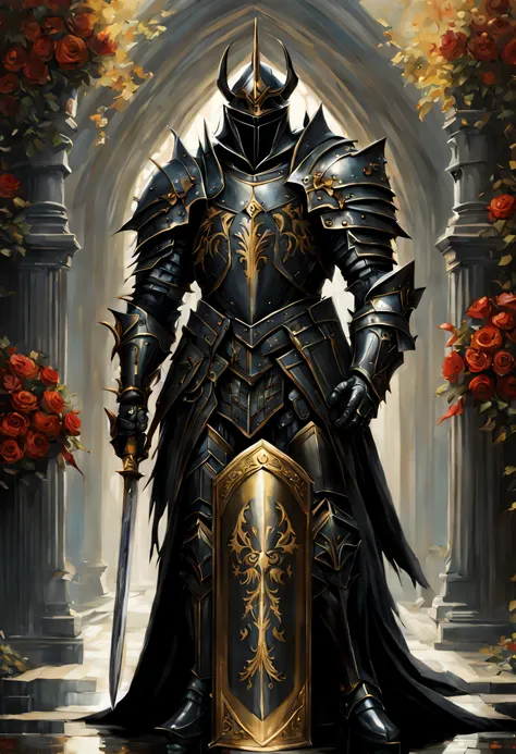 full length wide angle view Glorious Glorious Brigh Monarch King Knight wuth a (Shield:1.5) in a highly detailed Heavy black Knight armor guilded with gold,silver in a High holding a Gold and black and Crimson (Shield:1.5) ; gothic castle background; photo...