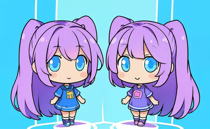 ((best quality)), ((ultradetailed)), ((masterpiece)), The 3D full body art of two super cute sisters, pretty eyes, big eyes, cute, happy, c4d, pop Matt Blind Box, rainbow, new sneakers, white background, chibi, fluorescent translucent, glowing body, kawaii...