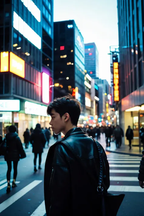 The boy is standing in the middle of a busy city, facing backwards and looking back. 