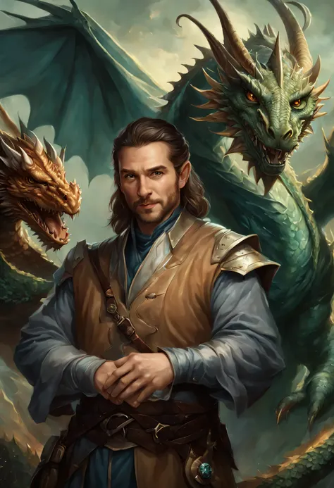 there is a man holding a dragon and a dragon on his hand, graphic artist magali villeneuve, fantasy art smug smile man, fantasy card game art, hyperrealistic d & d fantasy art, d & d fantasy digital art, male artificer, dnd character art portrait, dungeons...