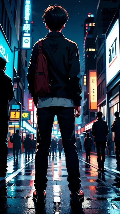 A boy stands in the city crowd at night. Facing backwards and staring towards the back 