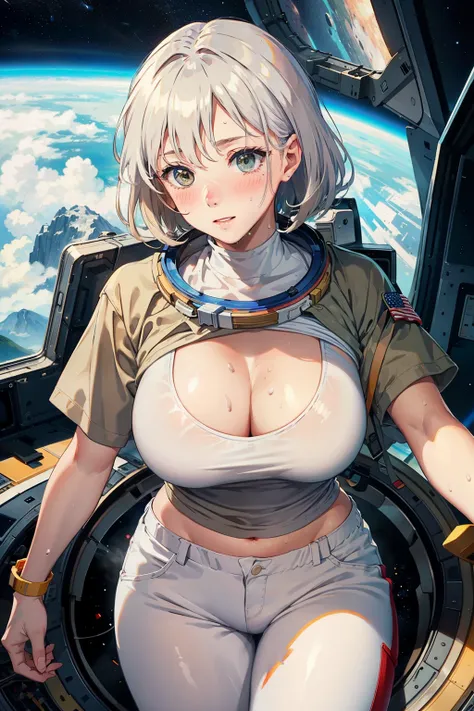 Female astronaut about to take off her space suit, shabby khaki T-shirt, white pants, cleavage emphasized, sweaty, blushing, changing clothes.