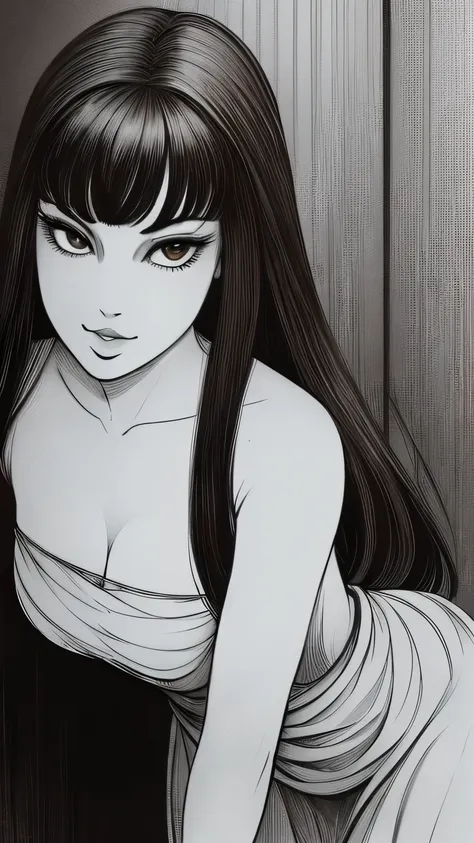 ((ultra quality)), ((masterpiece)), tomie, black & white style, manga, ((black long hair)), (beautiful face), (beautiful female ...