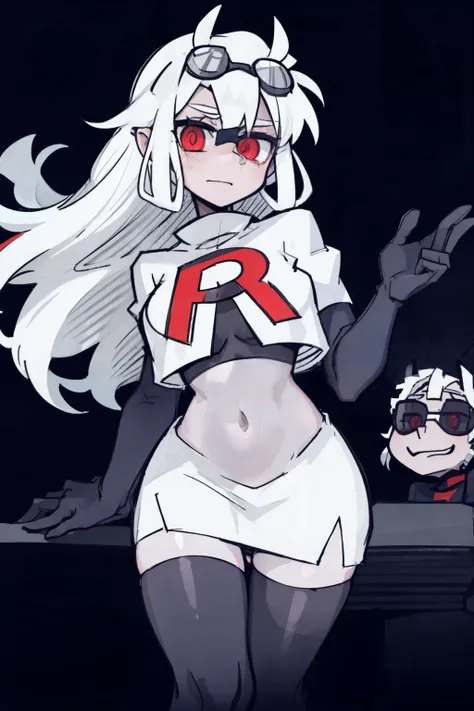 masterpiece, best quality,loremaster with goggles,red eyes, white hair,team rocket,team rocket uniform,white skirt,red letter R,crop top,black thigh-highs,black elbow gloves, comic strip