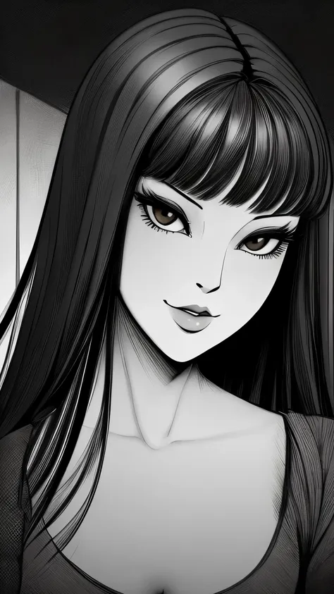 ((ultra quality)), ((masterpiece)), tomie, black & white style, manga, ((black long hair)), (beautiful face), (beautiful female ...