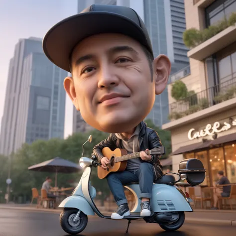 man on a scooter with a guitar in front of a cafe, realistic