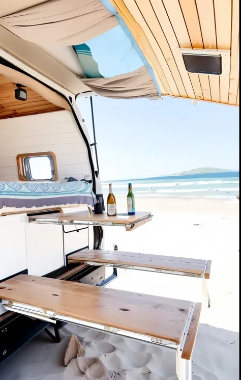 there is a camper van with a bed and a table on the beach, in a seaside environment, beach environment, Bulli, With roof rack, overlooking the beach, sea view, Glamping, seaside, completely empty, beach bar, gazing off into the horizon, author：Will Ellis, ...