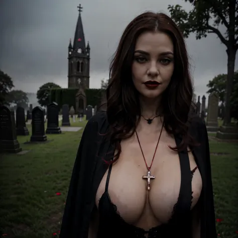 Beautiful 20 year old woman, large tits, with short messy wavy red hair, wearing a red corset with black accents and black cloak, standing in a foggy cemetery at night, (red lipstick:1.5), realistic skin texture, (cross necklace:1.2), (looking at camera:1....