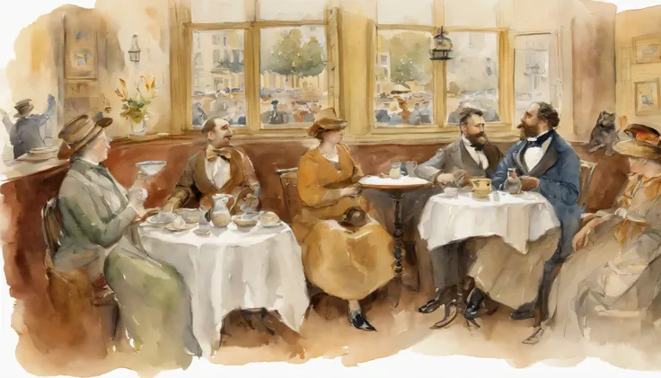 A pictures of a woman and two dogs in a cafe, by Luc-Olivier Merson, by Edmond Bille, inspired by Théophile Steinlen, by Elsie Dalton Hewland, by Cecile Walton, by Gaston Anglade, inspired by Félix Bódog Widder, by Théophile Steinlen