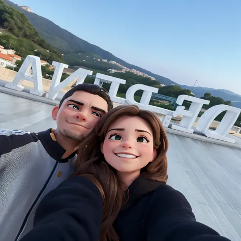 they are taking a selfie in front of the city sign, with montanhas ao fundo, vacation photo, com montanhas ao fundo, imagem de perfil, imagem de perfil, no telhado, montanhas ao fundo, a foto, I agree with you, colinas ao fundo, with sunset, Mina Petrovic,...