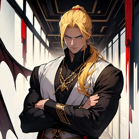 like all the demon prince, I am quite tall. I have Yelllow hair tied back in a ponytail, and red eyes with sharp silver pupils. I wear fine clothes, as befits a prince of Hell, though they are always black. My demeanor is haughty, arrogant, and superior to...