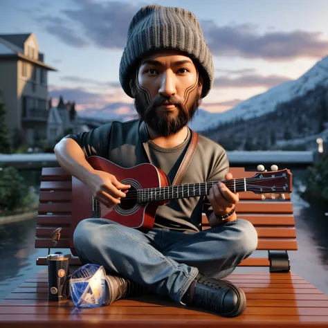 arafed man sitting on a bench with a guitar in his lap, 3 d demo reel avatar, detailed portrait shot, highly detailed vfx portrait, 3d character realistic, for hire 3d artist, 3 d character render, highly detailed vfx portrait of, promotional render, solo ...