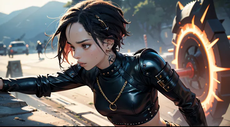 Protagonist character(alone), 1girl. Zoe Kravitz character(1), Zoe Kravitz face, wonderful girl, short hair, biker clothes(rocker style), dark makeup, black shirt, armor, leather belts, piercing, tattoos(all body), brown eyes(intense color), long pants, in...