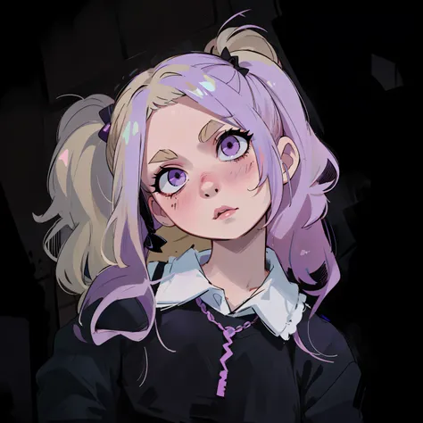 a close up of a person with a pink hair and a black shirt, pastel goth aesthetic, pastel goth, goth girl aesthetic, blond hair with pigtails, pigtails hairstyle, two pigtails hairstyle, she looks like a mix of grimes, extremely pale blond hair, pale goth b...