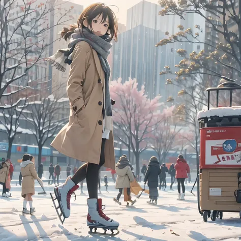 最高masterpiece、realistic anime images、masterpiece、1 woman、（long coat、Scarf、Skates）、（outdoor skating rink、A large group of people skating in the background）、winter scenery