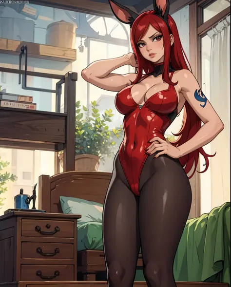 erza in a red bunnygirl outfit, tights, tattoo on left shoulder, fairytail tattoo, masterpiece, best quality, bedroom, 1girl, so...