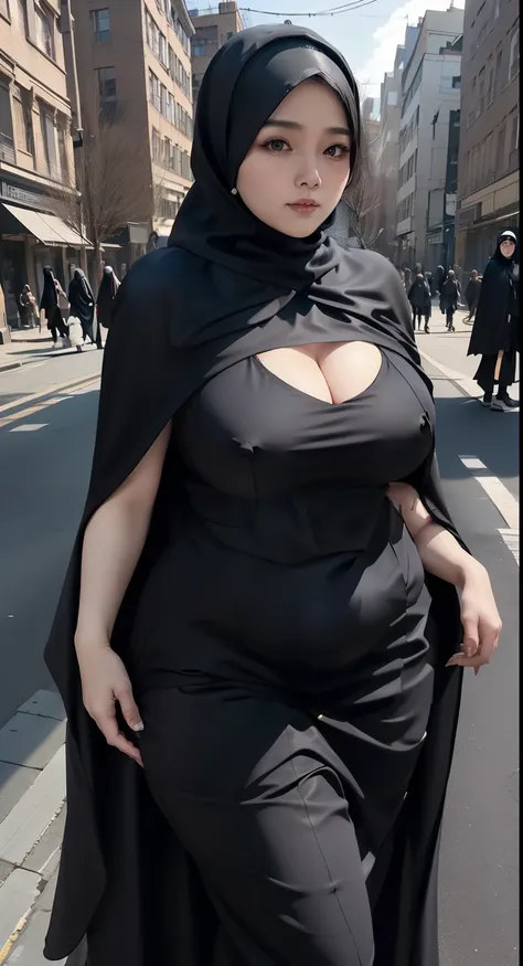 woman in black dress and hijab walking down the street, wearing black clothes and cape, hijab outfit, with a long black cape, hijab fashion model, plus size, plus size woman, wearing black robe, woman in black robes, beautiful burqas woman, thicc, black ou...