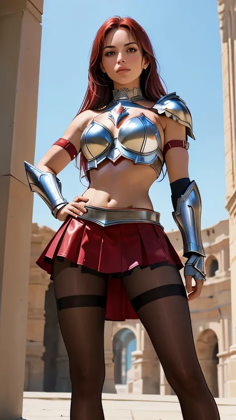 a female gladiator, (huge breasts:1.1), (wearing platinum gladiator armor around her shoulders:1.4), (wearing a red spartan leather skirt around her hips:1.3), (wearing shiny sheer transparent brown pantyhose on her legs:1.2), lace-up low wedge heel bootie...