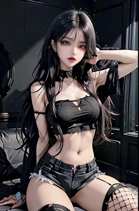 Goth woman, (goth makeup), (brown skin), (a t-shirt and skinny mini shorts), (show under ), (fishnet stockings), (navel jewellery), (pierced ears), (pierced lips), blue eyes, short messy black emo hair, (living room background), thick thighs, medium breast...