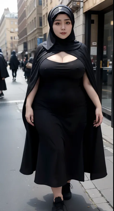 woman in black dress and hijab walking down the street, wearing black clothes and cape, hijab outfit, with a long black cape, hijab fashion model, plus size, plus size woman, wearing black robe, woman in black robes, beautiful burqas woman, thicc, black ou...