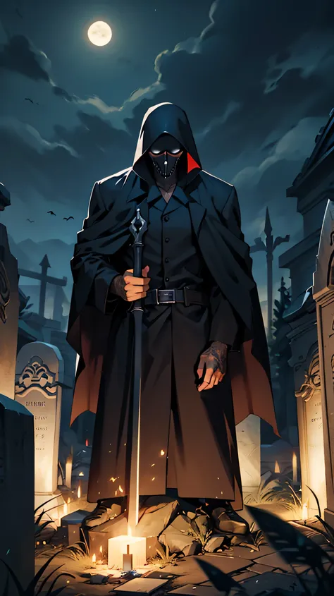 1 black haired male , in a graveyard , wearing a grim reaper costume, night time