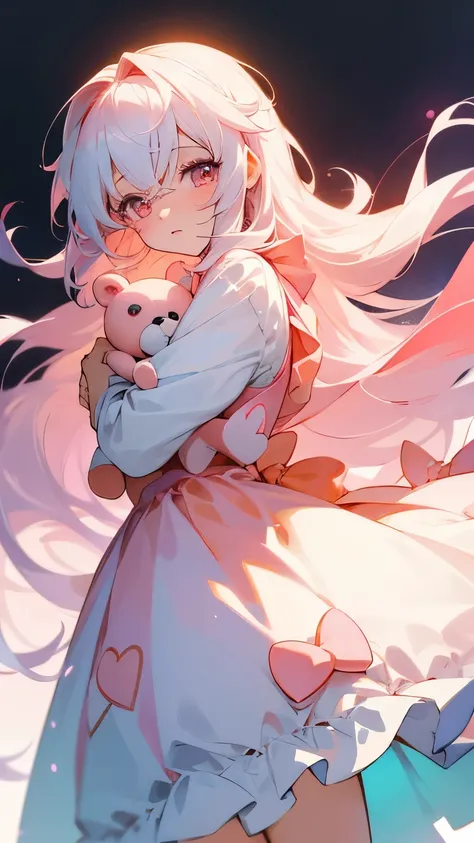 Create images of cute anime girls. White hair mixed with pink and peach ends, blue, long hair, peach pink eyes, white dress mixed with peach pink. Hug a white teddy bear
