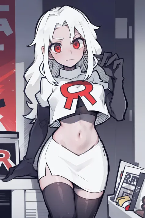 masterpiece, best quality,melina,red eyes, white hair,team rocket,team rocket uniform,white skirt,red letter R,crop top,black thigh-highs,black elbow gloves, comic strip