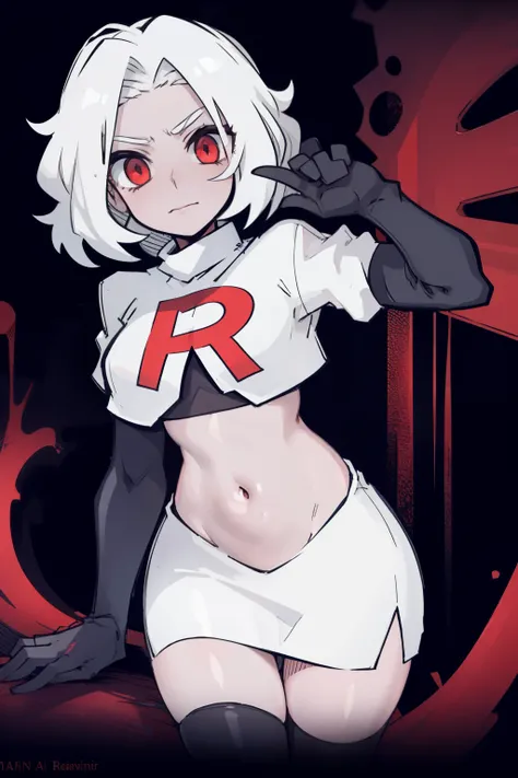 masterpiece, best quality,melina,red eyes, white hair,team rocket,team rocket uniform,white skirt,red letter R,crop top,black thigh-highs,black elbow gloves, comic strip