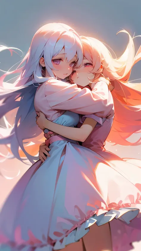 Create images of cute anime girls. White hair mixed with pink and peach ends, blue, long hair, peach pink eyes, white dress mixed with peach pink. Hug a white teddy bear
