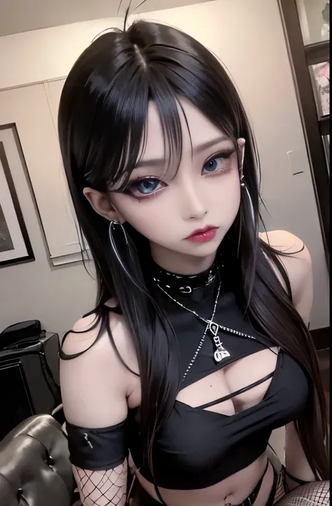 Goth woman, (goth makeup), (brown skin), (a t-shirt and skinny mini shorts), (show under ), (fishnet stockings), (navel jewellery), (pierced ears), (pierced lips), blue eyes, short messy black emo hair, (living room background), thick thighs, medium breast...