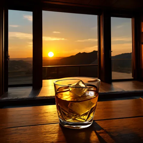 vaso de whisky con mucho hielo, y especias en mesa de madera y a contra luz, una ventana con ocaso del sol , sharp contrast, detailed sharp lines, enfocadas, double exposure, alta calidad, alto detalle, high resolution.