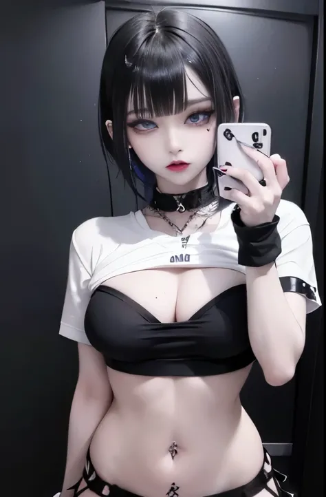 Goth woman, (goth makeup), (White skin), (a t-shirt and skinny mini shorts), (show under ), (fishnet stockings), (navel jewellery), (pierced ears), (pierced lips), blue eyes, short messy black emo hair, (bedroom background), thick thighs, medium breasts, (...