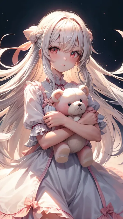 Create an image of a cute anime girl with white hair, long hair, tied hair, peach pink eyes, a white dress mixed with peach pink. Hug a white teddy bear
