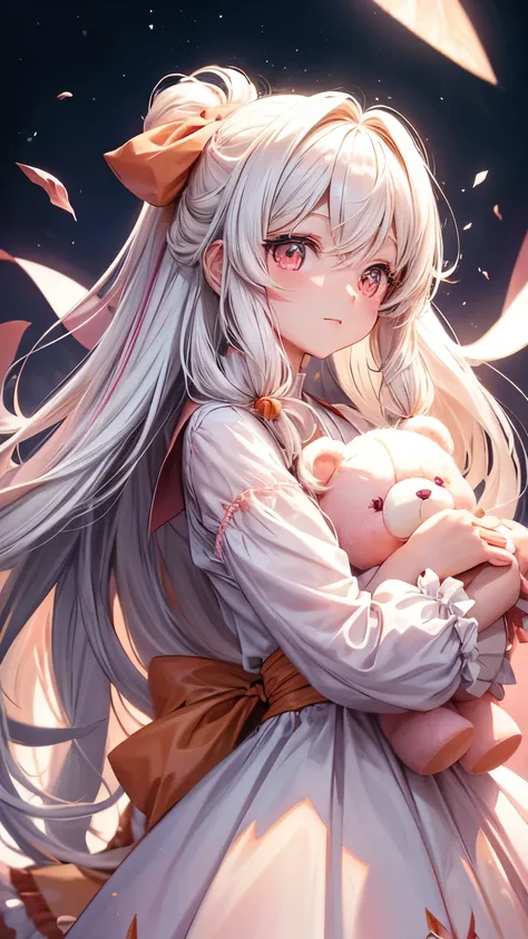 Create an image of a cute anime girl with white hair, long hair, tied hair, peach pink eyes, a white dress mixed with peach pink. Hug a white teddy bear
