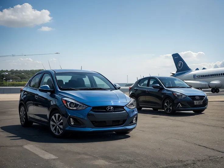 three cars: a blue hyundai accent, a black hyundai elantra, a white nissan sentra with an airport background image as a background standing next to one another
