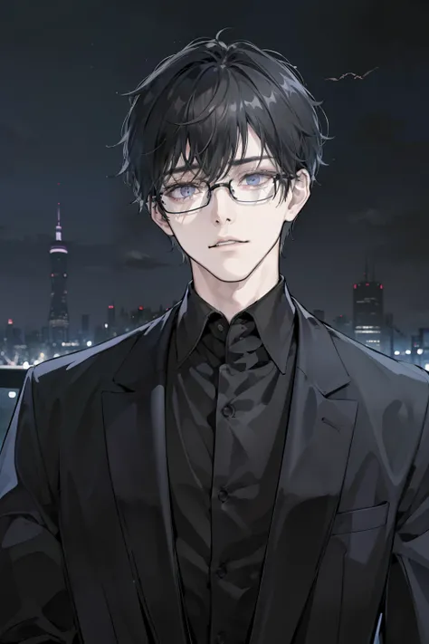 (best quality,4k,8k,highres,masterpiece:1.2),ultra-detailed,realistic:1.37, Kaneki Ken, black detailed eyes, short black hair, rectangular gray glasses, gray dress shirt, dark eerie atmosphere, haunting shadows, menacing expression, Tokyo cityscape in the ...