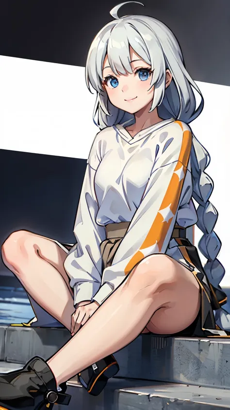 masterpiece,best quality,highres,ultra-detailed,bbakari,blue eyes,long hair,ahoge,twin braids,white shirt,long sleeves,long skirt,smile,hoodie, overskirt, black footwear,sitting
