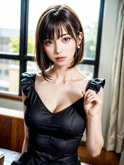 (table top, highest quality、high detail:1.4、very attractive beauty、Adds intense highlights to the eyes、look closely at the camera:1.4、Beautiful woman full of charm、ideal body proportions、perfect anatomy、brunette short bob hair、shiny hair、bangs:2、光沢のあるbangs...