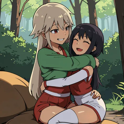 anime illustration of a harem of anime girls in camp outfits this. in a forest and they hug and smile in a perverted way