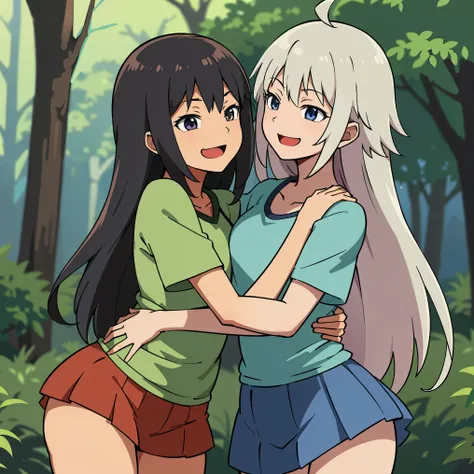 Anime illustration of a harem of anime girls in camp outfits this. In a forest and they hug and smile in a perverted way 