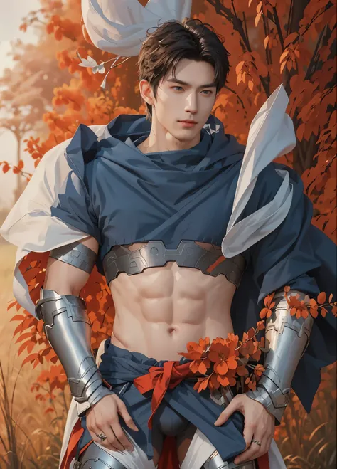 1 man, (male model) hot skin, masterpiece, best quality, most handsome man in the world, by Shen Quan, perfect body, beautiful male model, an attractive man 18-24 years old aesthetic, blossoms in spring, green fields, spring, plains, trees, flowers, blue s...