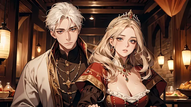 man and woman, couple, prince and princess, man in white hair, woman in brown hair, beautiful face, detailed face, plump lips, detailed nose, detailed eyes, medieval times, in a tavern