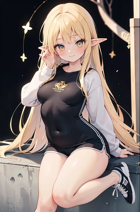 realistic image, coherent image, detailed image, 1 beautiful elf, She has long, silky, straight blonde hair, golden colored eyes, her face is oval and delicate, Blushing, smiling, She is wearing a sweatshirt, small shorts, sneakers moccasins, She has a cur...