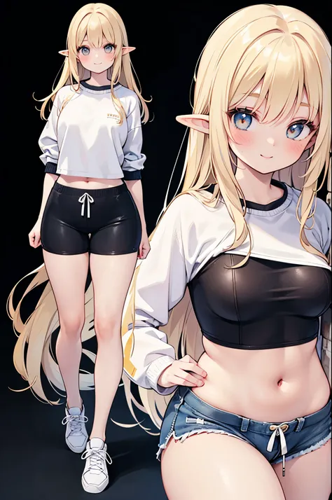 realistic image, coherent image, detailed image, 1 beautiful elf, She has long, silky, straight blonde hair, golden colored eyes, her face is oval and delicate, Blushing, smiling, She is wearing a sweatshirt, small shorts, sneakers moccasins, She has a cur...