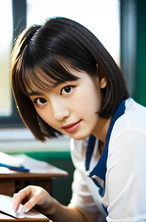 table top, highest quality, shape, Super detailed, finely, High resolution, 8k wallpaper, 完璧なダイナミックな構shape,Beautiful woman at 30 years old,sexy,Japanese、short cut hair、classroom、study