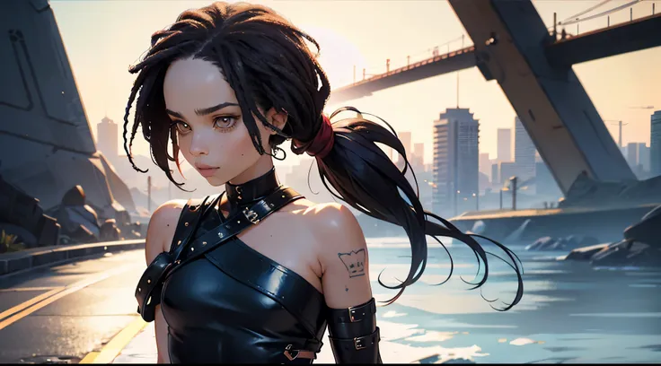 Protagonist character(alone), 1girl. Zoe Kravitz character(1), Zoe Kravitz face, wonderful girl, short hair, pigtails hair, biker clothes(rocker style), dark makeup, black shirt, armor, leather belts, piercing, tattoos(all body), brown eyes(intense color),...